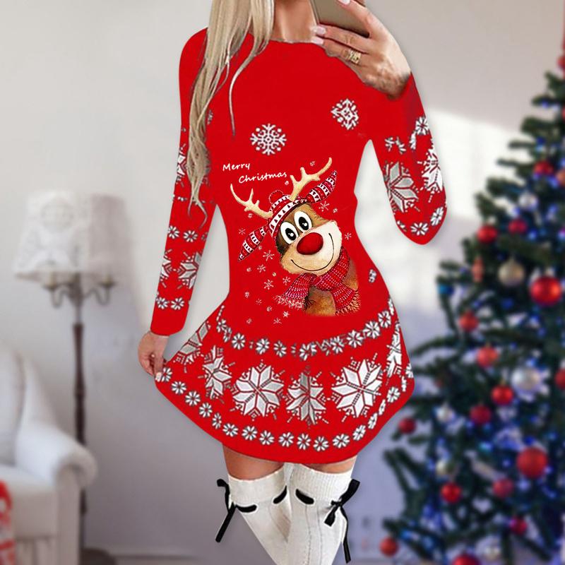 

Casual Dresses Christmas Printed Round Neck Long Sleeve Dress Women's Slim Ladies Xmas Party Mini Vestidos 2021, Black;gray