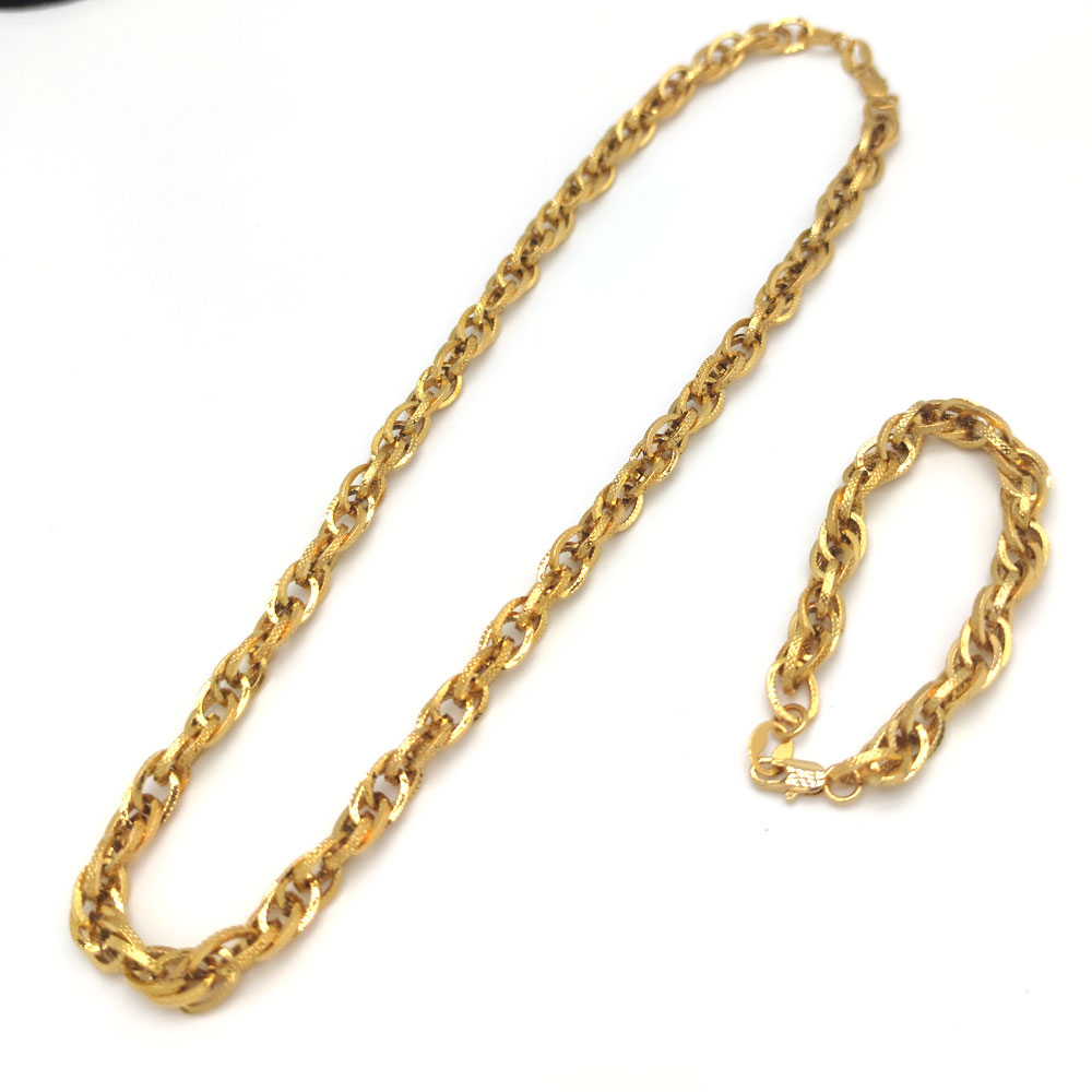 Unisex Bracelet 8.3" Vintage 22K Fine Solid GOLD Tone Large Double loop Links Chain Necklace 24" Jewellery Kihei-image-707068584