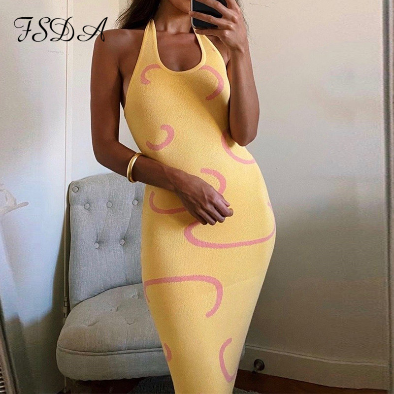 

2021 Knitted Bodycon Dress Women Y2K Halter Neck Summer Yellow Sleeveless Midi Backless Party Sexy Dresses Beach, Beige