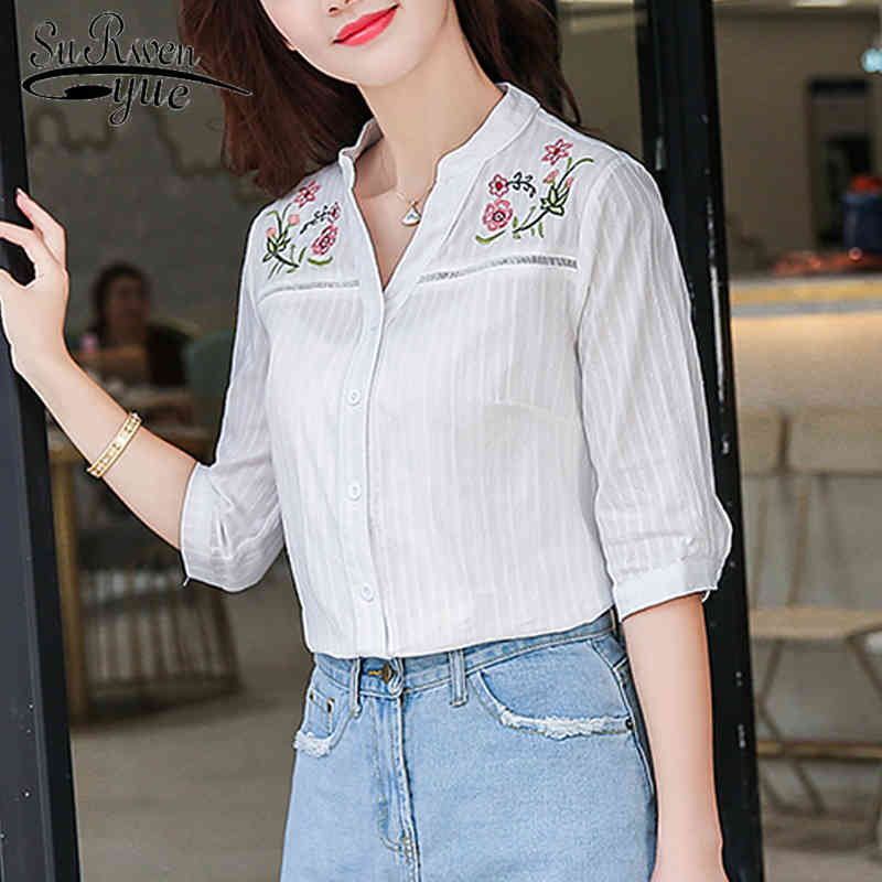 

Spring Summer Elegant Sweet Women Blouses Shirt Lady White Hollow Embroidery Half Sleeve Shirts Tops Blusas D873 30 210521