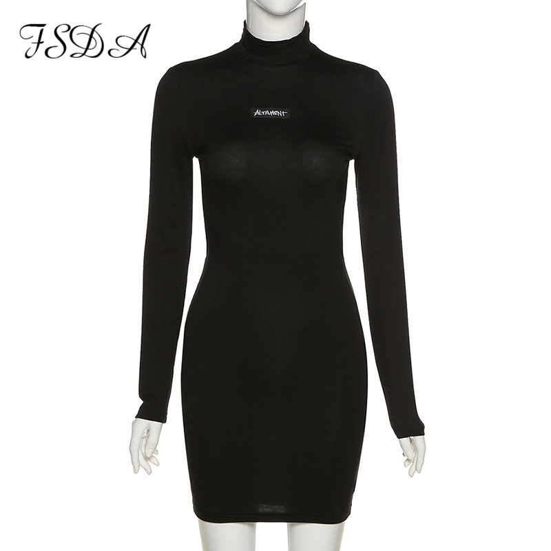 

long sleeve letter turtleneck black dress backless mini bodycon 2021 autumn club women party casual dresses partyhigh quality, Black;gray