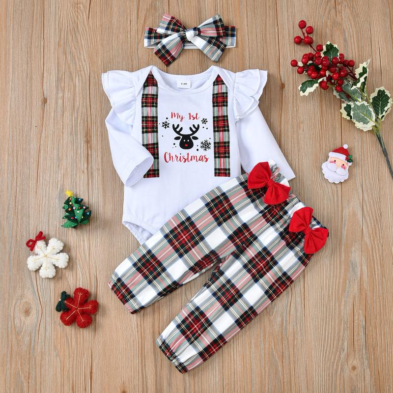 

Clothing Sets 0-18Months Baby Christmas Outfits 3PCS Set Letter Bodysuit +Plaid Pants +Headbands Year Costume Girl Clothes, White