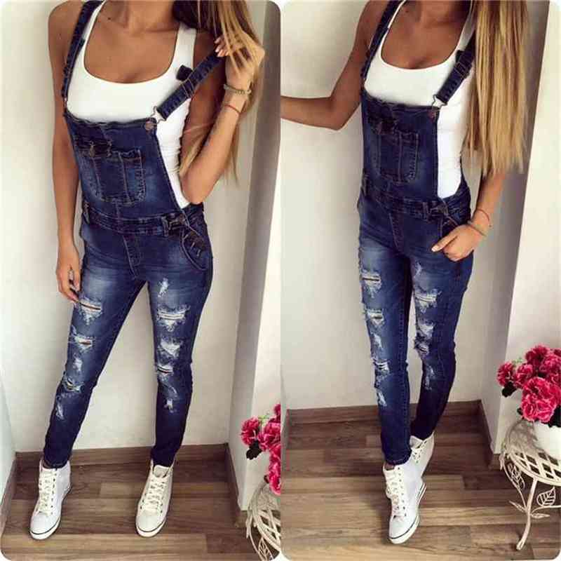 

QNPQYX Casual Boyfriend Ripped Jeans Jumpsuit Romper Women Pants Hole Sleeveless Denim Overalls For 1321 210708, Sky blue