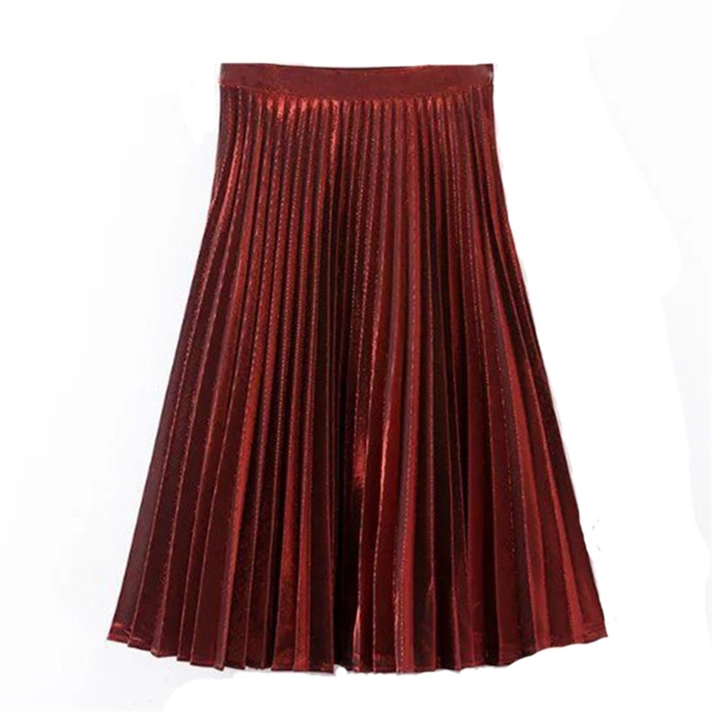 

autumn winter metal color pleated skirt women casual knee-length ladies high waist 210519, Silver