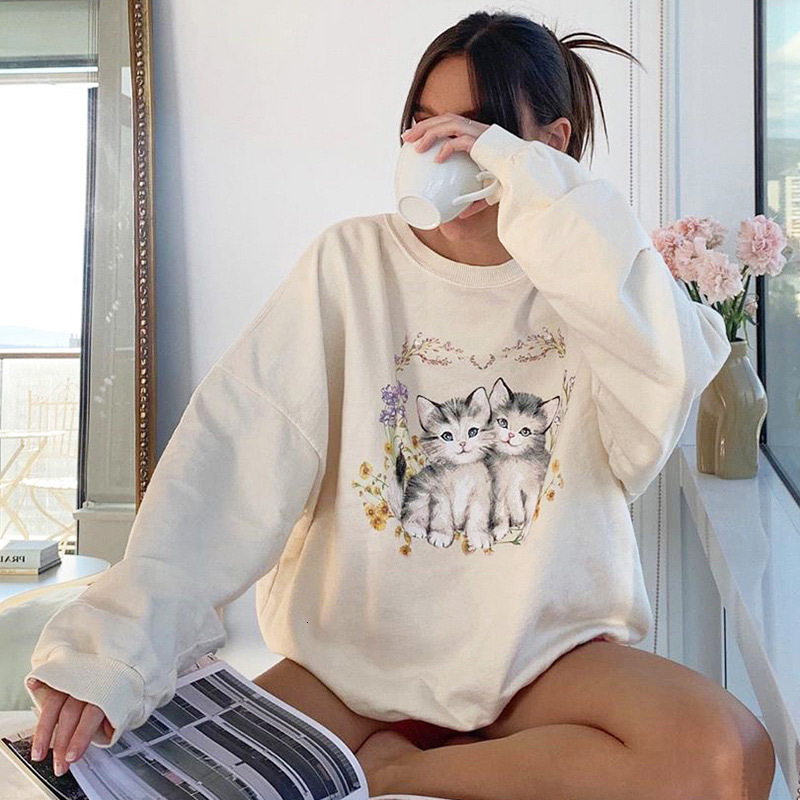 

Women' Hoodies & Sweatshirts White Cartoon Cat Print Long Sweatshirt Autumn Sleeve O-neck Female Fashion Casual Loose Lady Hoodie