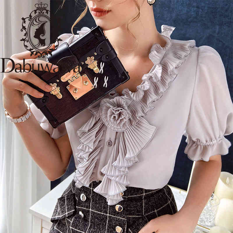 

Dabuwawa Exclusive Ruffle V-Neck Chiffon Blouse Women Tie Flower Front Puff Short Sleeve Casual Shirts Tops Women DO1BCF002 210520, Gray
