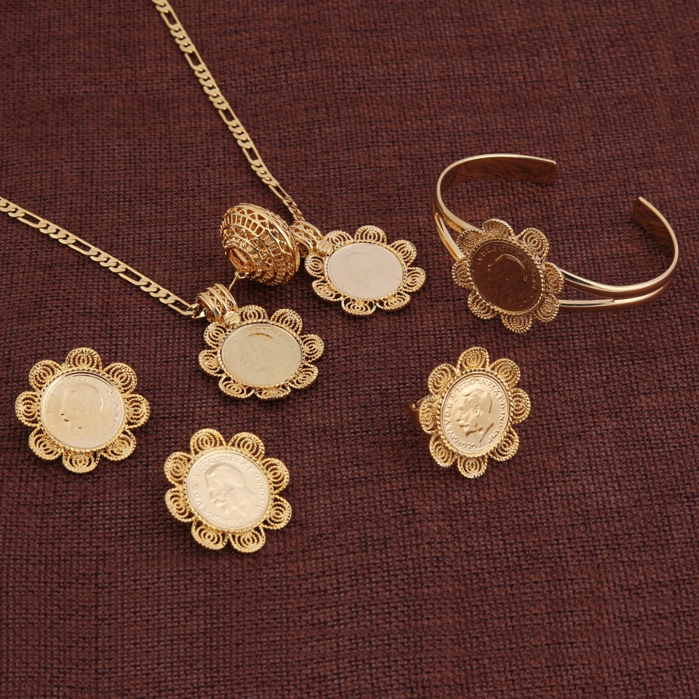 Coin Jewelry sets Figaro Necklaces bracelets pendants earrings Netherlan Set 18k yellow G/F Gold Europe-image-677255312