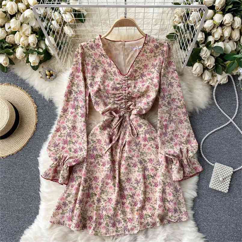 

French Style Floral Dress Spring Summer Chic Drawstring Ruched V-neck Long Sleeve A-line Boho Sweet Holiday Short 210603, Apricot pink