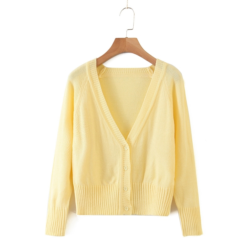 

Women Autumn Knitwear V neck Cardigans Sweater Solid Color Casual Long Sleeve Jumpers Street wear Preppy Style XZ2520 210525, Yellow