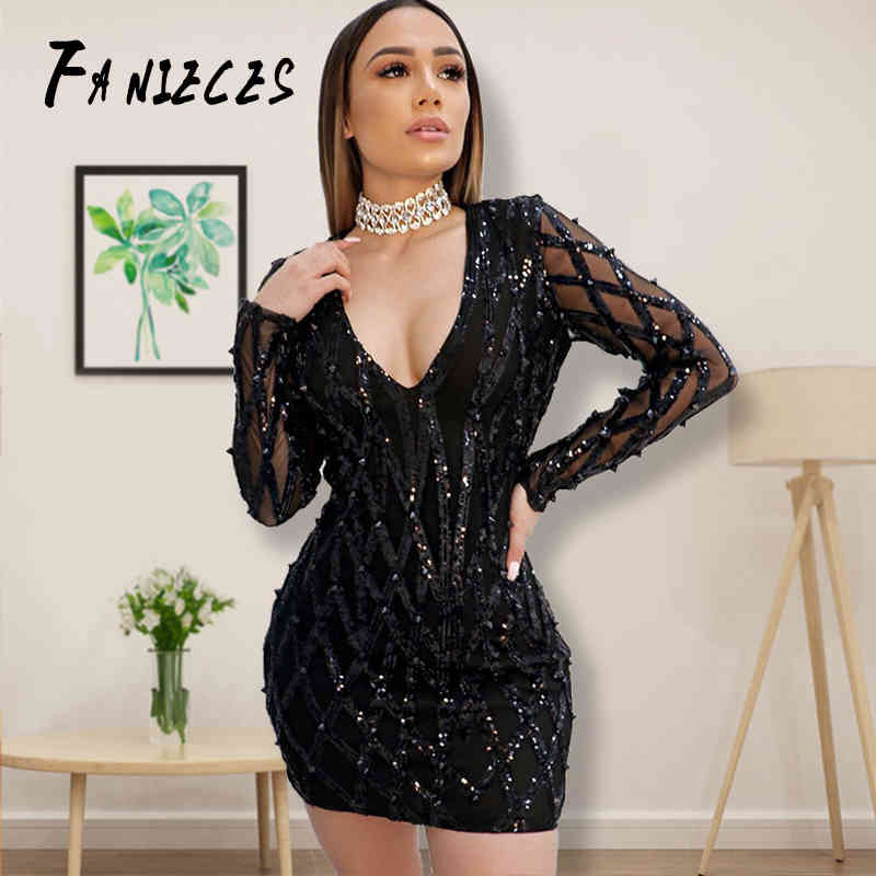 

Women' V-neck Slim Plaid Sequin Dresses Sexy club black Shiny Party Vestido ins Fashion Ladies Long Sleeve Mini Dress 210520