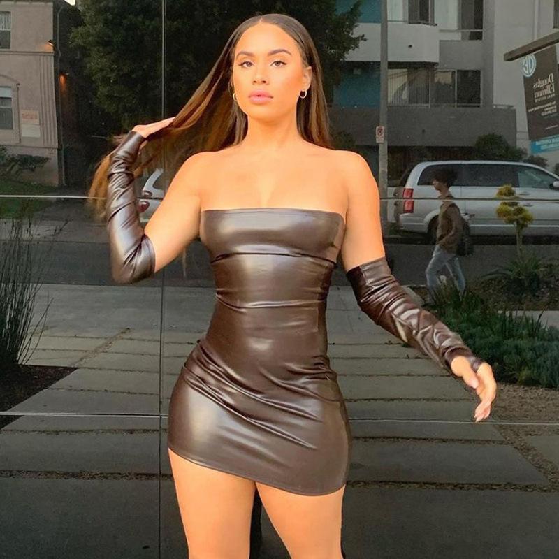

Casual Dresses Faux PU Leather With Gloves Party Dress Women Backless Sexy Clubwear Skinny Slim Solid Fashion Bodycon Mini Brown Black