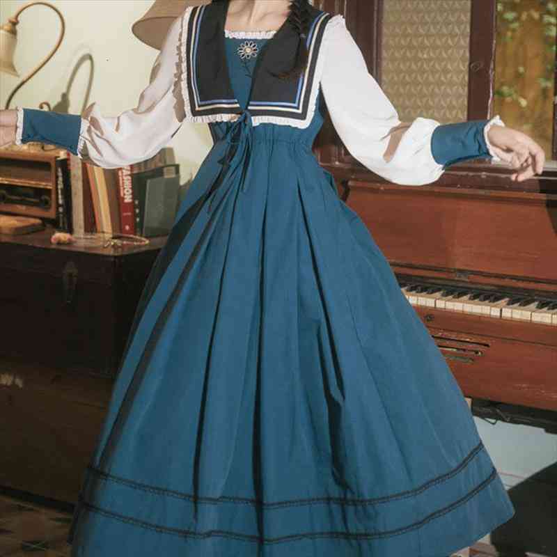 

Elegant Vintage Dress Women Patchwork Long Sleeve Dress Retro Court Style Navy Collar Spring Autumn Mori Girl Robe, Black;gray