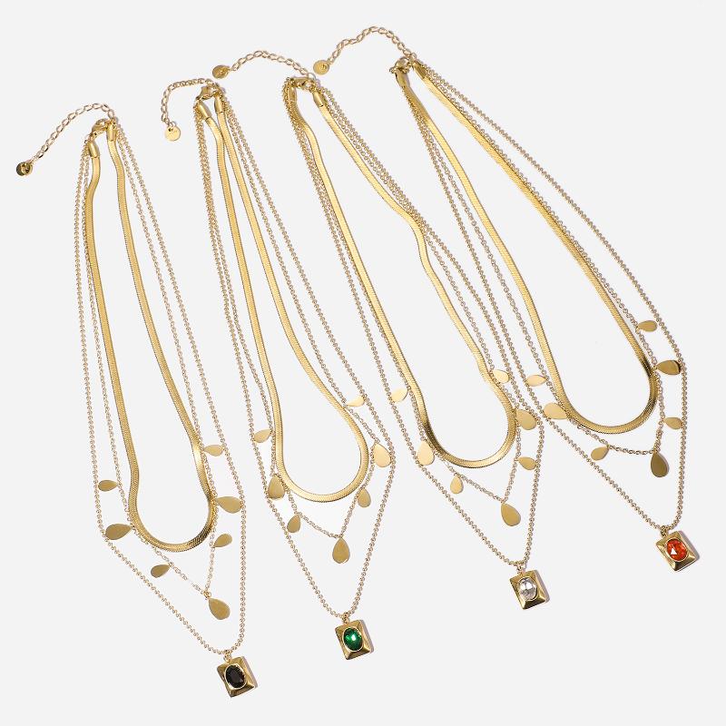 

Pendant Necklaces Three Layer 14K Gold Plated Stainless Steel Gift Jewelry Tarnish Free Square Oval Cubic Zircon Necklace For Women