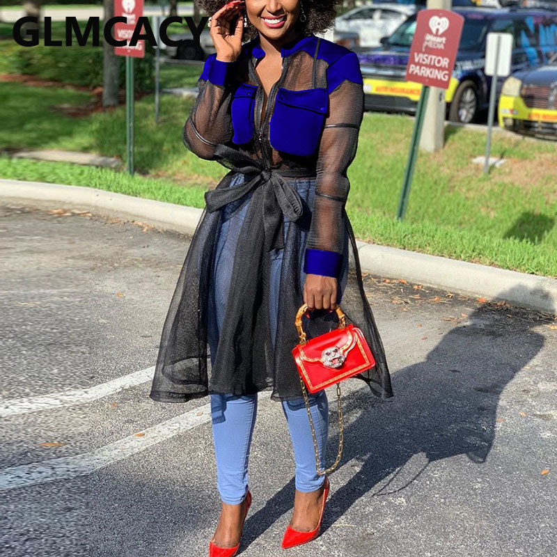 

2021women long sleeve mesh shirt dress poket design elegant dress, Black;gray