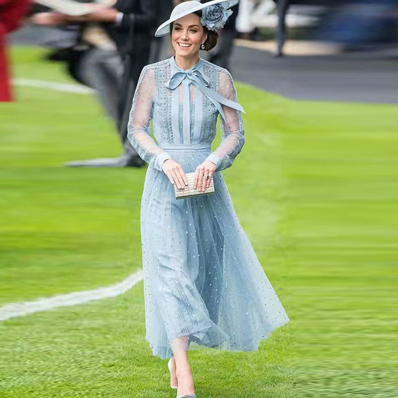 dress Kate Middleton Autumn Europe and America Quality Module Net Fios Dot Party Blue Occasion Women-image-676502333