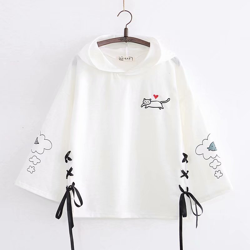 

Korean Style Lace Up Hoodies Teen Girls Cute Clothes Anime Cat White Women's Sweatshirt Long Sleeve Kawaii Graphic Black Hoodie