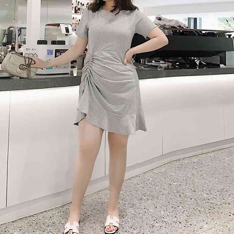 Casual Dresses Plus Size Women&#039;s Side Drawstring Mini Dress Short Sleeve O Neck Ruffles Slim Fashion 2021 Summer L-4XL Z76I-image-704909539