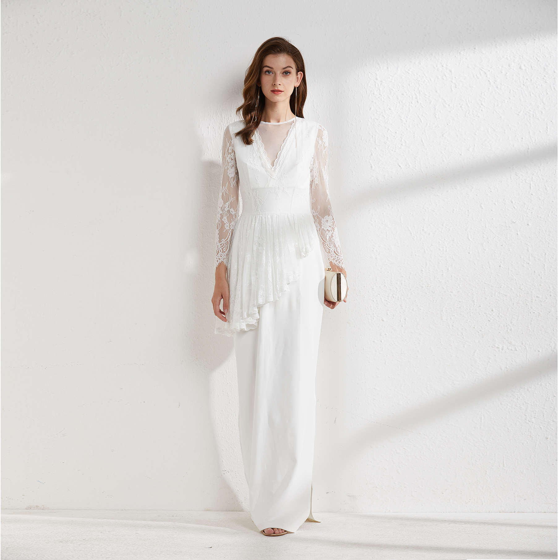 

Women' Runway Dresses O Neck Long Sleeves Embroidery Lace Patchwork Ruffles Asymmetrical Split Elegant Maxi Party Evening Prom, White