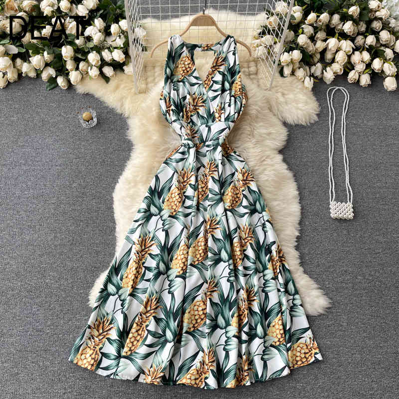

Women Printing Hollow Out Sandy Beach Dress V-Neck Sleeveless Arrivals Temperament Fashion Spring Summer 11D612 210525, Green