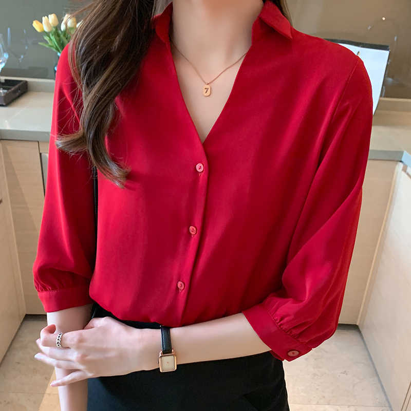 

Women' Shirt Vintage Red Button Blouses for Women Short Sleeve  Female Top Polo Neck Solid Blouse Office Lady Basic 210604
