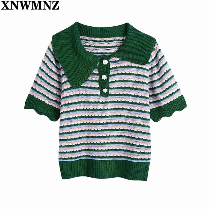 

Women's Knitted Sweater Vest women Spring Autumn Striped Jewellery Button POLO Tops Vintage Cropped Knitwear 210520, Green