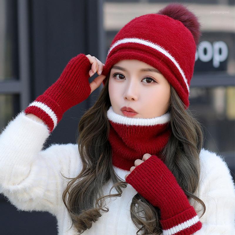 

Berets Fashion Winter Women Hat Scarf /Gloves Sets Female Three - Piece Knitted Caps Set For Woman Girl Warm Skullies Beanies, White