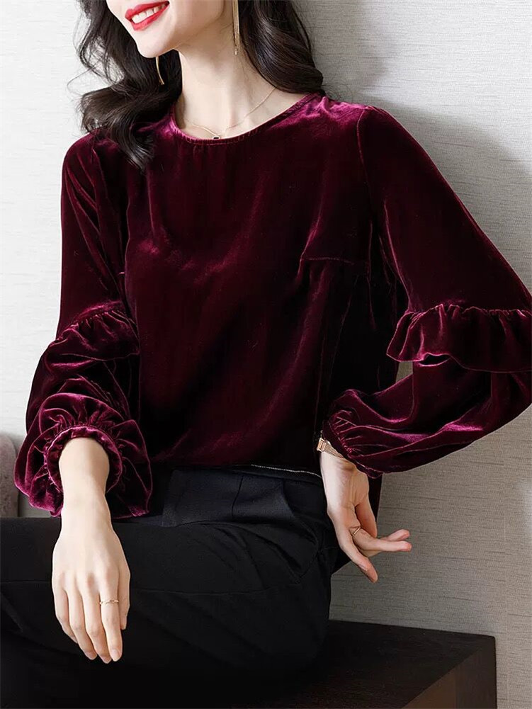 

2021 Korean Solid Velvet Womens Tops Long Sleeve O-Neck Ruffles Blouses Ladies Shirt Tops Femme Plus Size -7XL wine blue green, Black