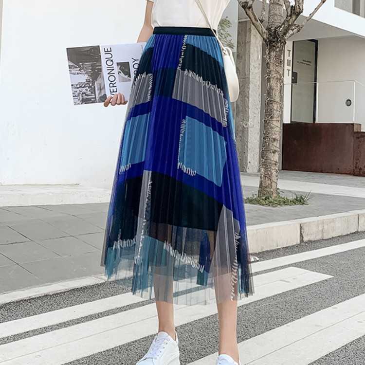 

Spring Summer Women Vintage Mesh Patchwork Long Skirts Ladies High Waist Plaid Tulle A-Line Mid-Calf 210526, Picture color