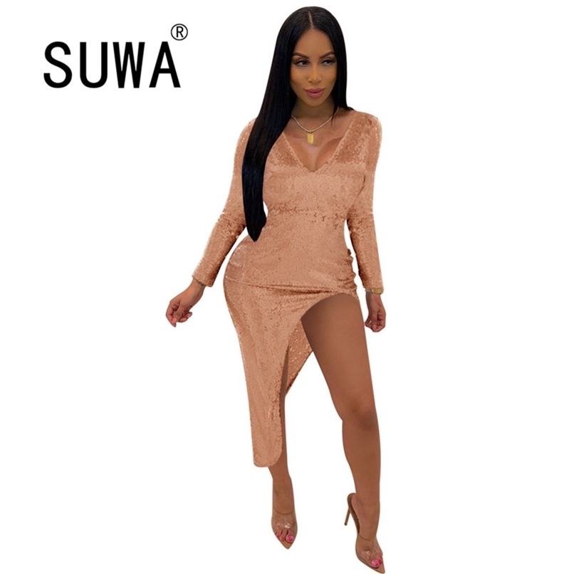 

Sale Solid Color Velvet Midi Dresses For Women Product Side Slit Long Sleeve Sexy Party And Wedding Prom Vestidos 210525, Pink