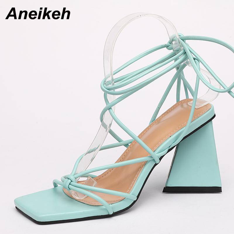 

Sandals Aneikeh PU Fashion European And American Style Women Shoes Sexy Summer Spike Heels Cross-Tied Ankle Strap Solid Party, Black