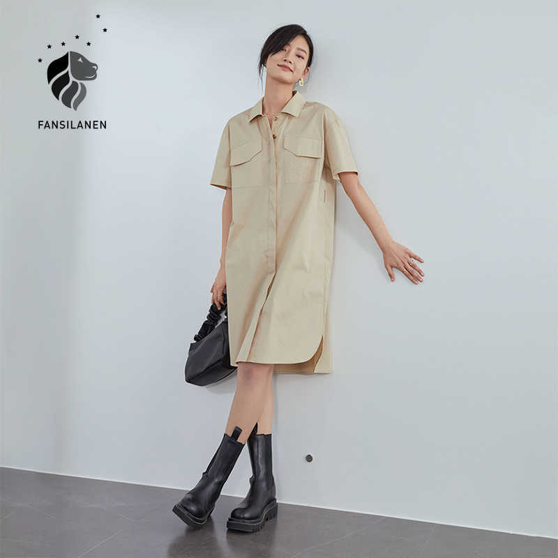 

FANSILANEN Casual loose pocket midi shirt dress Women embriodery belt short sleeve summer Office oversize elegant es 210607, Khaki