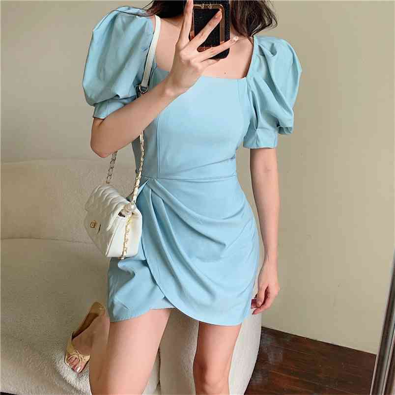 

Summer Puff Sleeve Party Dress Women Solid Color Square Collar Bodycon Sexy Slim Waist Office OL Ruched Mini Dresses 210519, Photo color