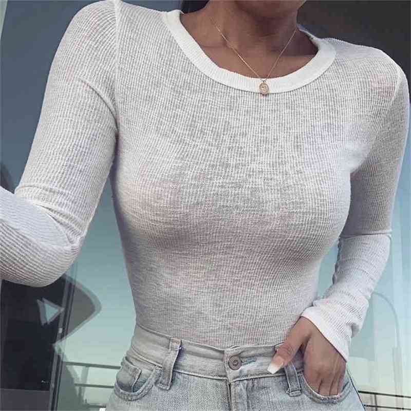 

OMSJ Body Sexy Rompers Women's Jumpsuit Long Sleeve Fall Casual Bodysuit Skinny Tops Round Neck Club Knitted Overalls Mujer 210517, Beige