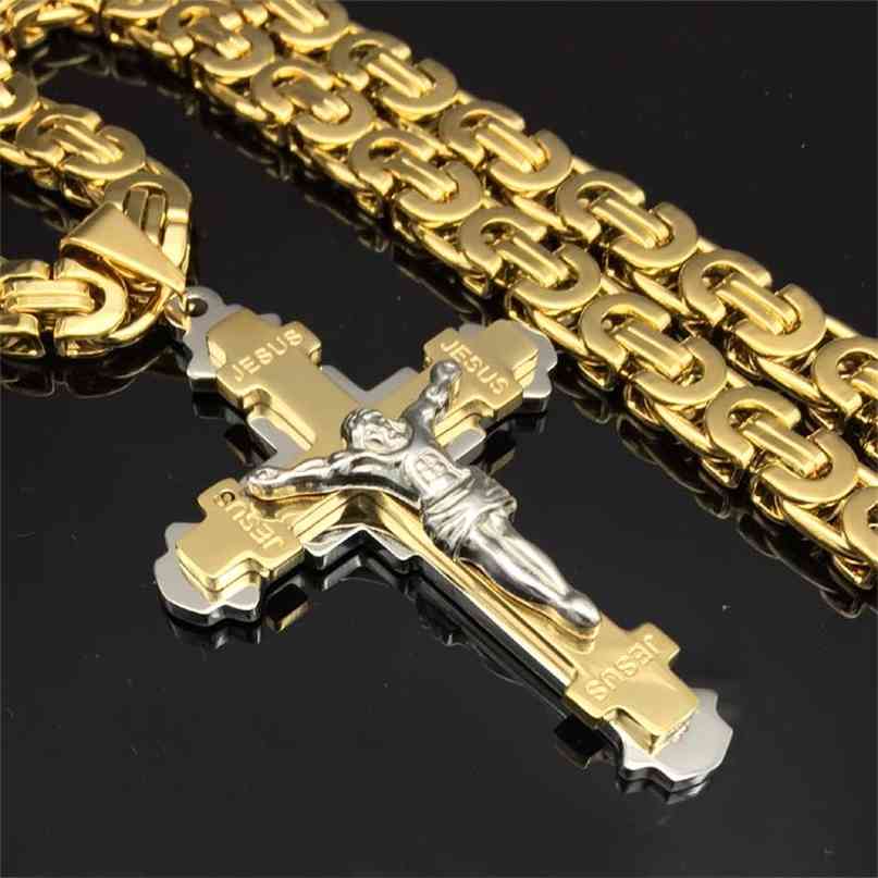 

Heavy Crucifix Jesus Cross Necklace Stainless Steel Christs Pendant Gold Byzantine Chain Men Necklaces Jewelry Gifts 24" 210721
