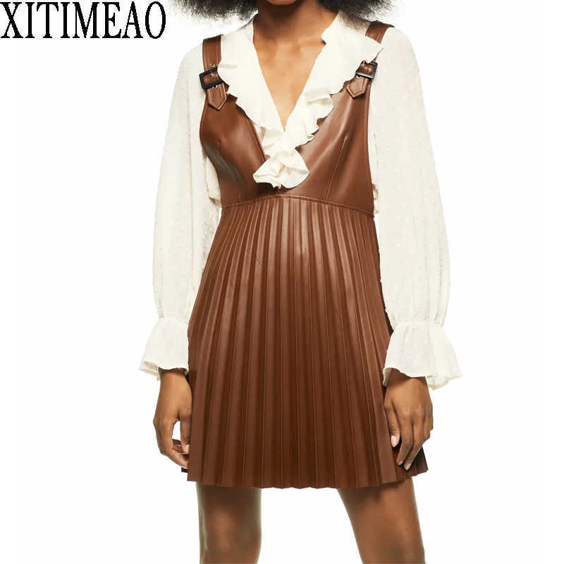 

Za Women Fashion Faux Leather Pleated Mini Pinafore Skirt Vintage V Neck Wide Adjustable Straps Female Skirts XITIMEAO 210604, Brown