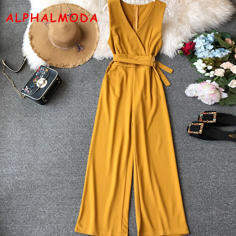 

ALPHALMODA 2021 Spring Ladies Sleeveless Solid Jumpsuits V-neck High Waist Sashes Women Casual Wide Leg Rompers, Beige