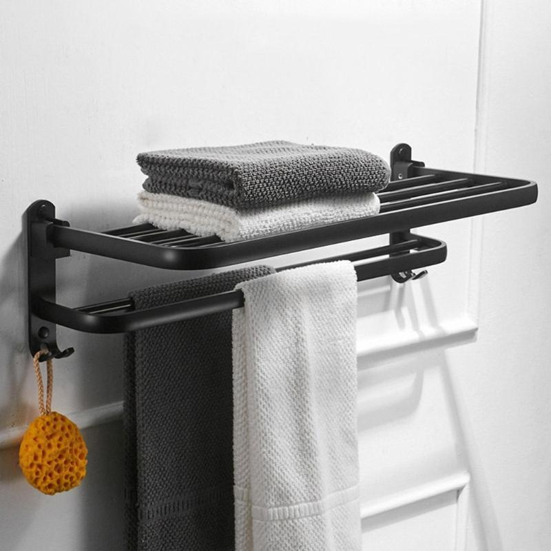 

Towel Racks Space Aluminum Black Rack Wall Mounted Folding Holder Storage Shelf
