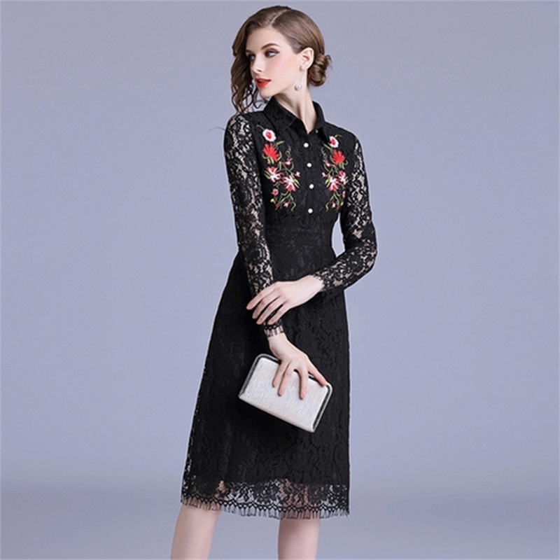 

Lace Floral Embroider Slim Tunic Maxi Dress Women Elegant Vintage Office Party Beach Fashion Large Hem Clothes Black 210603, Picture color