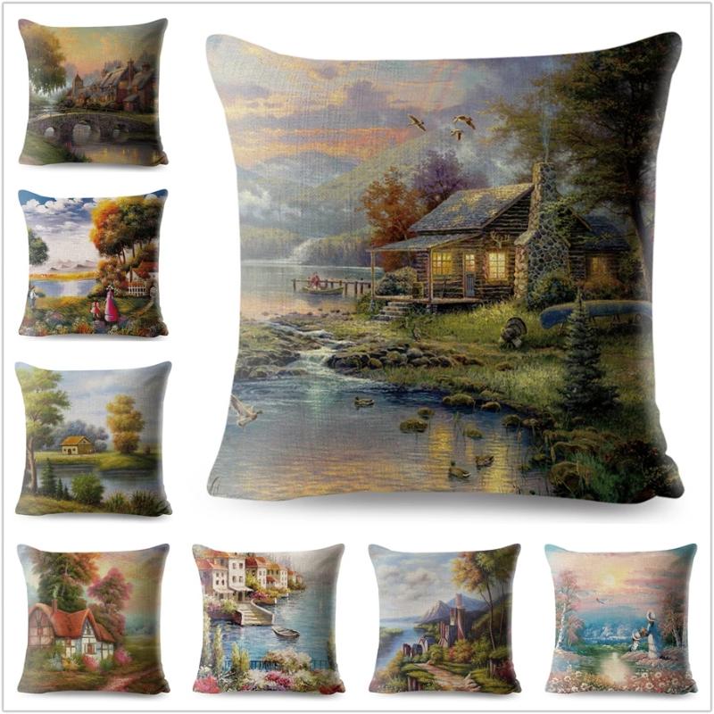 

Cushion/Decorative Pillow European Country Pillowcase Decor Colorful Beautiful Scenery Prined Case Polyester Cushion Cover For Sofa Home 45*