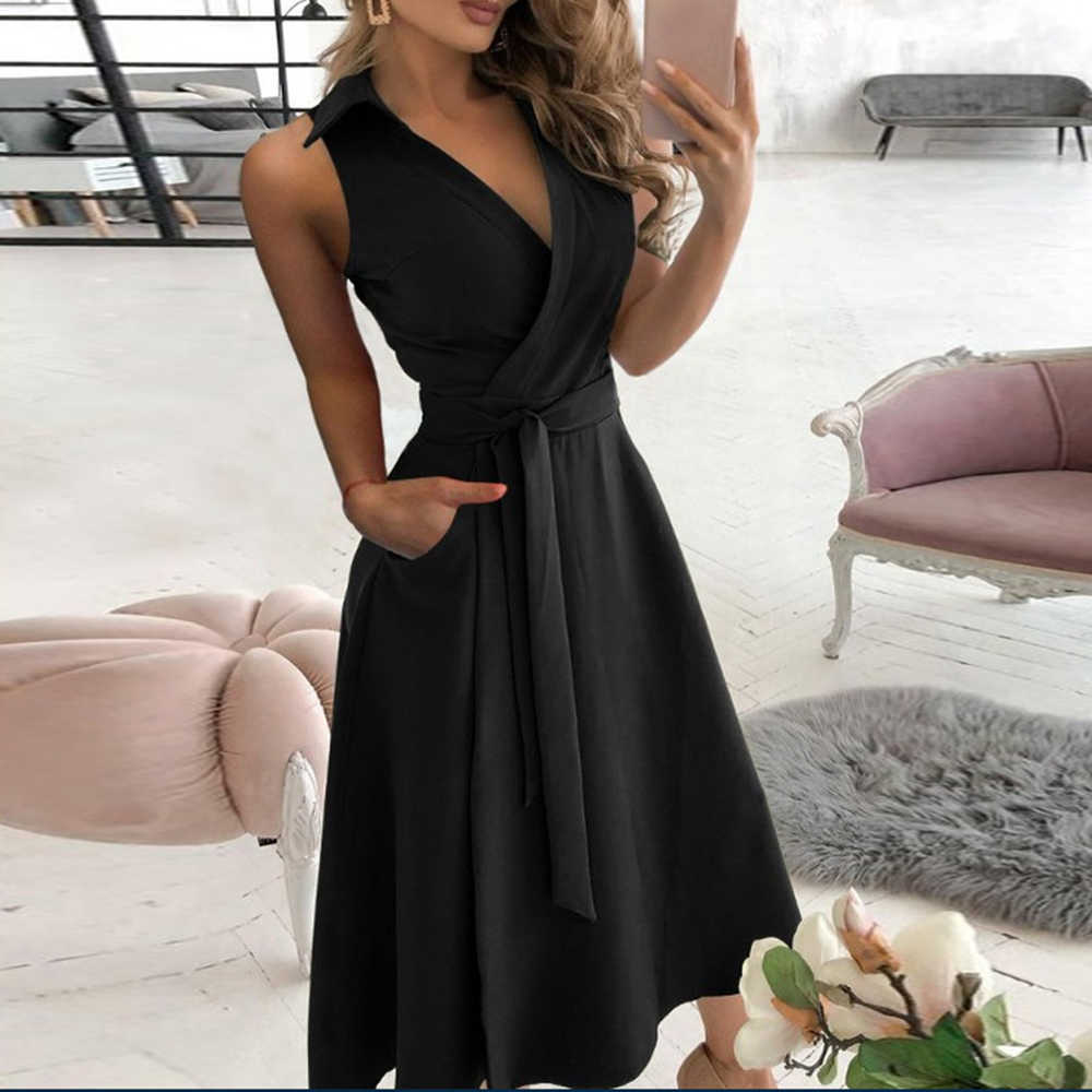 

Sexy Sleeveless Wrap Women Midi Dress Fashion V Neck Belt Pocket Bag Hip Big Swing Ladies Elegant Party Summer es 210526, Sky blue
