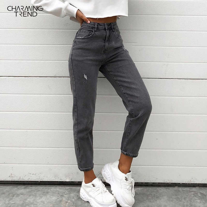 

Tight Elastic Jeans Women's Feet Pants Nine Pants Distressed Autumn Winter Vintage High Waist Denim Trousers Women Gray 210616, Gray jeggings