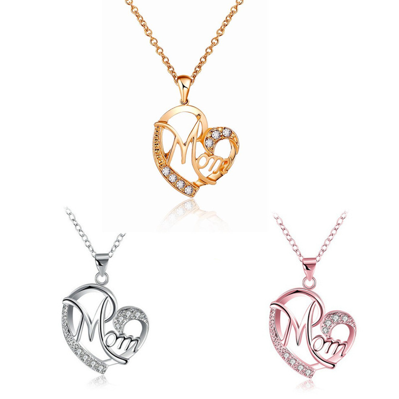 

Fashion Letter MOM Heart Shape Inlaid Crystal Pendant Necklace Mother's Day Gift High Quality Jewelry Wholesale Lots Bulk