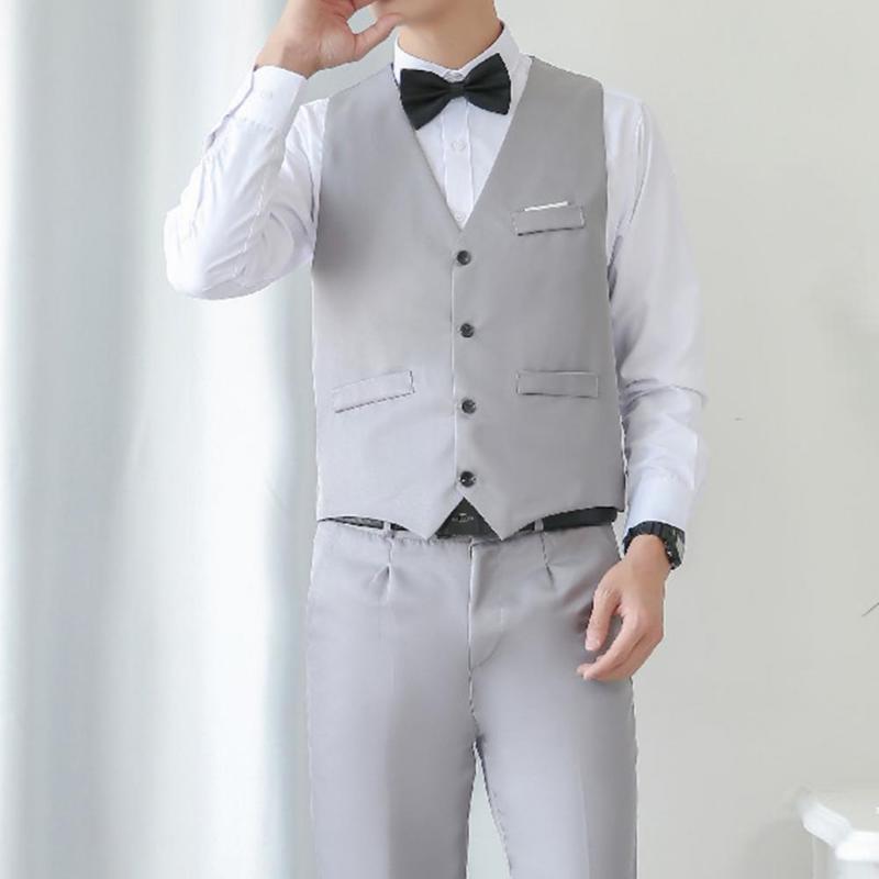 

Men's Suits & Blazers Solid Color Business Suit Set V Neck Formal Men Buttons Vest Shirt Pants For Office, Red
