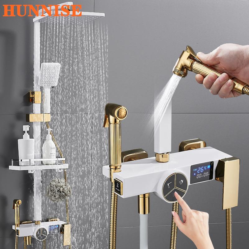 

Bathroom Shower Sets HUNNISE Digital Faucet Tap Ly White Gold Thermostatic Bath System Rainfall Head Mixer Set