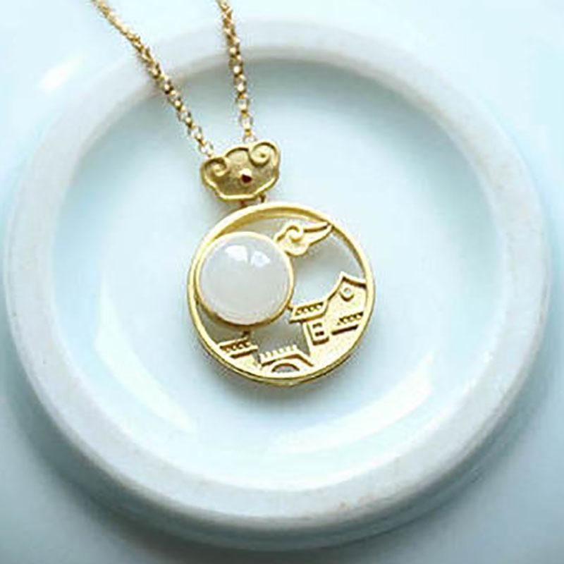 

Silver Inlaid Natural An White Jade Pendant Round Necklace Classical Cold Wind Chinese Retro Send Mom Gift Jewelry Chains