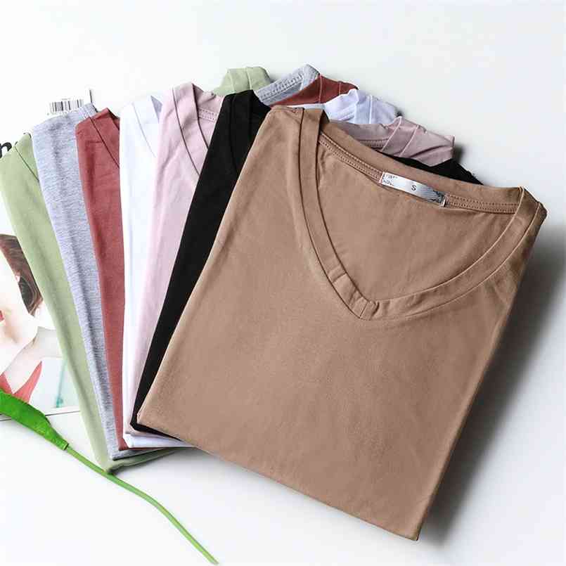 

High Quality Plain T Shirt Women Cotton Elastic Basic T-shirts Summer Tops Short Sleeve T-shirt Tees Plus Size S-5XL 210708, O-neck pink