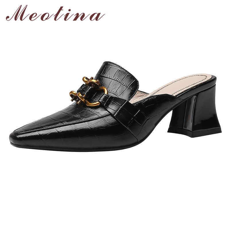 

Meotina High Heel Cow Leather Mules Shoes Pointed Toe Metal Decoration Pumps Women Block Heels Dress Footwear Female Spring 210520