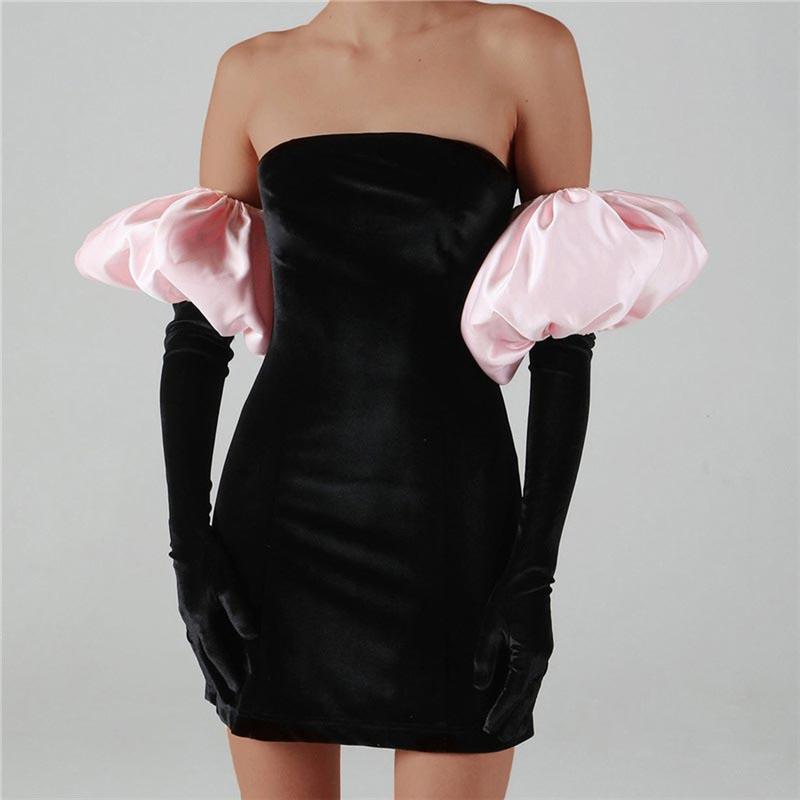 

Casual Dresses Winter 2021 Sexy Bodycon Women Mini Dress Gloves Fall Party Backless High Waist Long Puff Sleeve Black Strapless Female