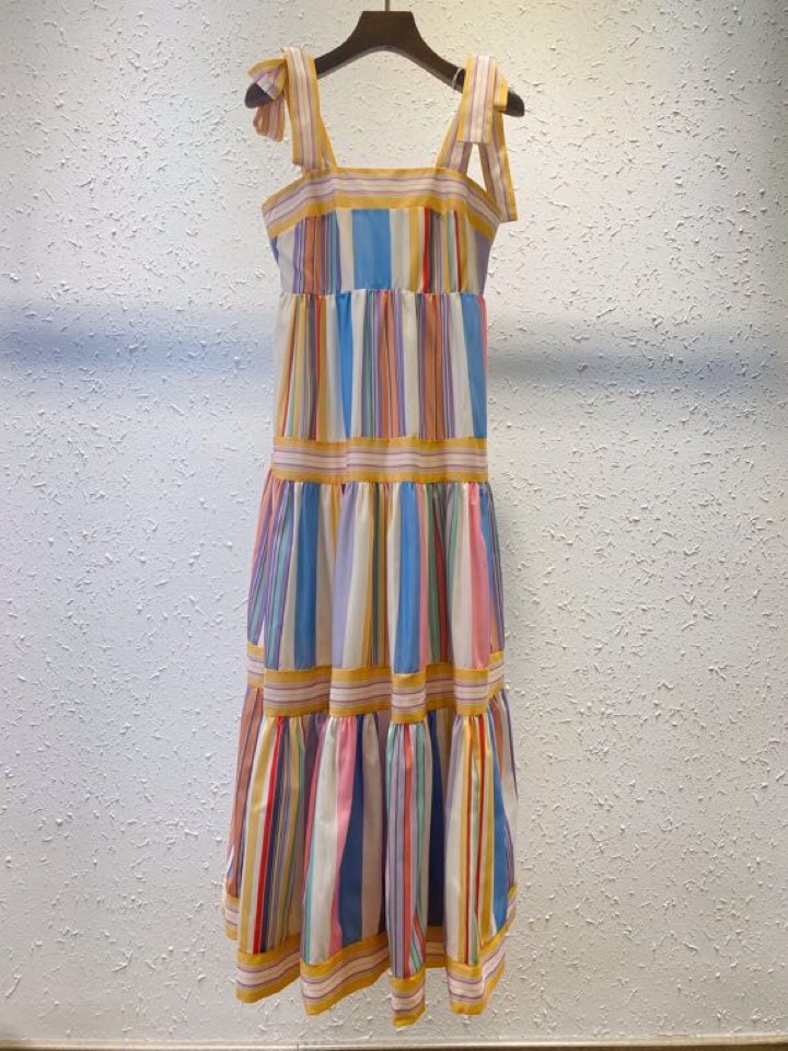 

Australian popular logo spring/summer striped cotton holiday dress with high waist strap, Multi