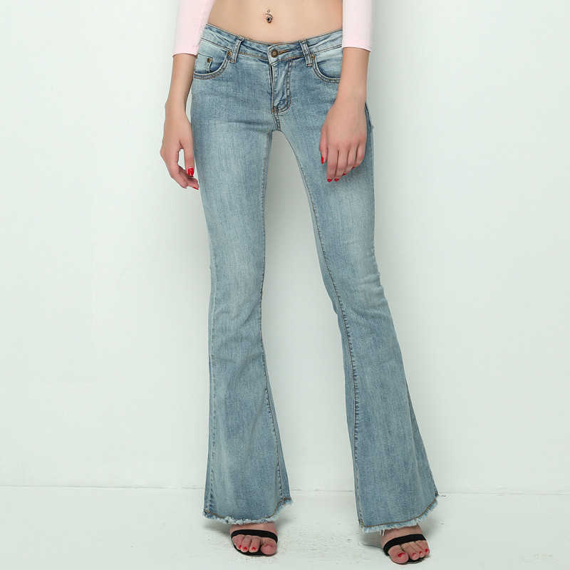 

Vintage Low Waist Elastic Flare Jean Retro Style Bell Bottom Skinny Female Dark Blue Wide Leg Denim Pants A002 210603, Light blue